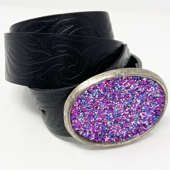 Black Embossed Leather Belt Purple Sparkle Buckle 90s Y2K main image 11